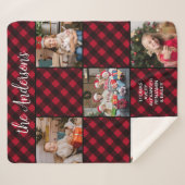 家族クリスマス5写真コラージュカスタムレッドプレイド シェルパブランケット (正面(横))