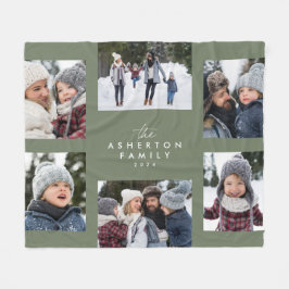 家族コラージュ6フォトシンプルスモダンセージ緑 フリースブランケット