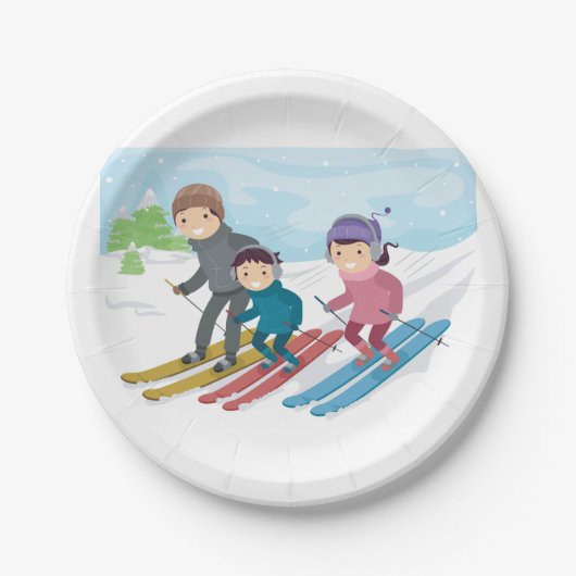 家族スキー　冬の雪景色 ペーパープレート (正面)