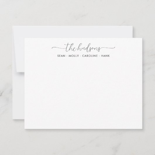 家族スタイリッシュ名エレガントカップル黒いスクリプト ノートカード (正面)
