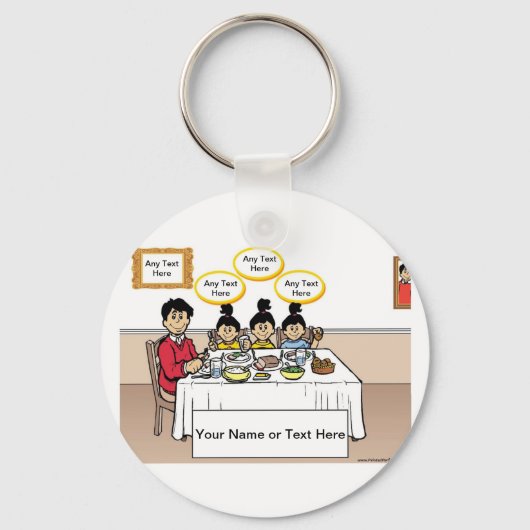 家族ディナー、独身のパパ、2女の子の漫画 キーホルダー (正面)