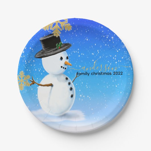家族パーソナライズされたのクリスマスのマグカップと雪だるま ペーパープレート (正面)