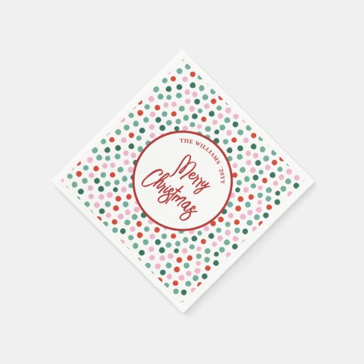 家族パーソナライズされたのクリスマス水玉模様 スタンダードカクテルナプキン (角)