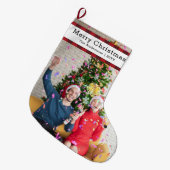 家族パーソナライズされたの写真と名前エレガント ラージクリスマスストッキング (正面 (吊り時))
