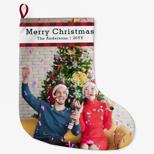 家族パーソナライズされたの写真と名前エレガント ラージクリスマスストッキング (正面)