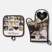 家族パーソナライズされたの写真のコラージュ名モノグラム 鍋つかみ&鍋敷きセット (正面)