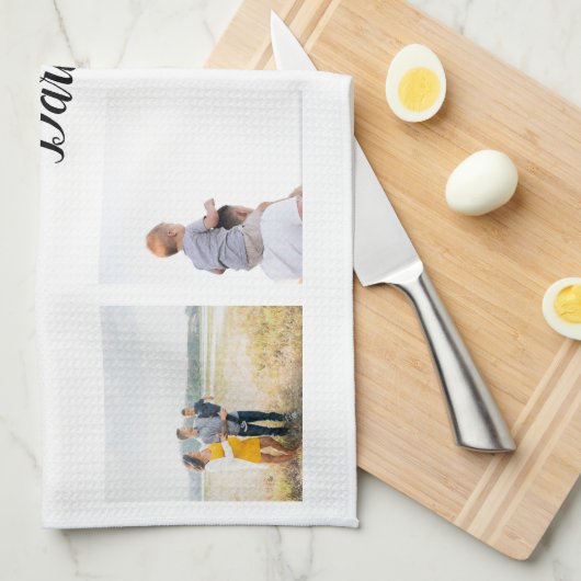 家族パーソナライズされたの写真のコラージュ名 キッチンタオル (四つ折り)