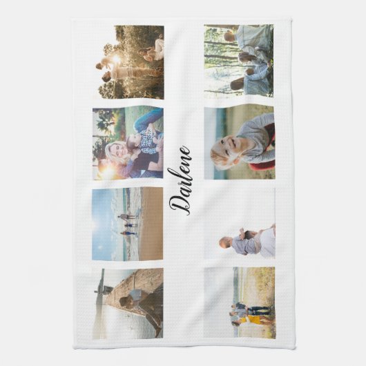 家族パーソナライズされたの写真のコラージュ名 キッチンタオル (縦)