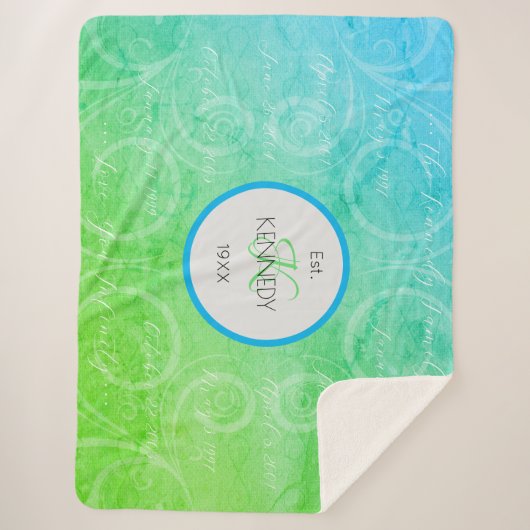 家族パーソナライズされたの名前と重要な日付 シェルパブランケット (正面)