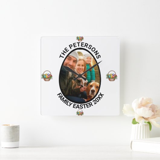 家族パーソナライズされたイースターフォト卵バスケット スクエア壁時計 (ホーム)