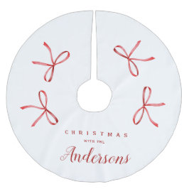 家族パーソナライズされたクリスマス – 赤いリボン ブラッシュドポリエステルツリースカート