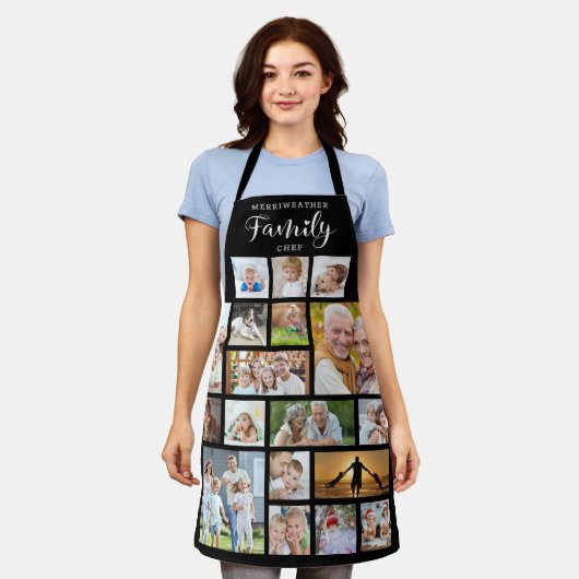 家族パーソナライズされたシェフ18フォトコラージブラック エプロン (着用した状態)
