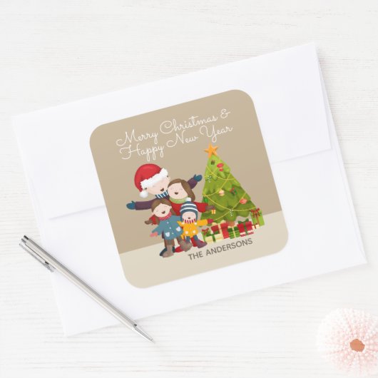 家族パーソナライズされたメリークリスマスのシール スクエアシール (封筒)