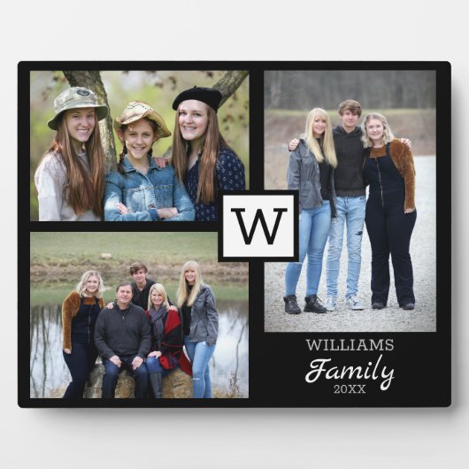 家族パーソナライズされたモノグラム3フォトコラージュ フォトプラーク (正面)