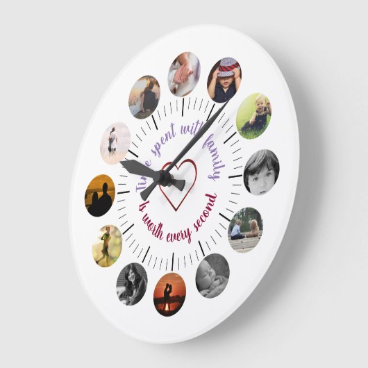 家族パーソナライズされた写真の壁時計と引用文 ラージ壁時計 (傾斜)