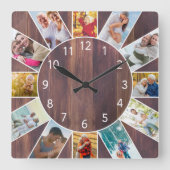 家族パーソナライズされた写真コラージュ暖かい茶色の木 スクエア壁時計 (正面)