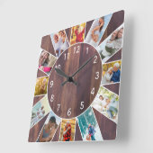 家族パーソナライズされた写真コラージュ暖かい茶色の木 スクエア壁時計 (傾斜)