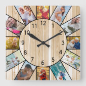 家族パーソナライズされた写真コラージュ松材 スクエア壁時計 (正面)