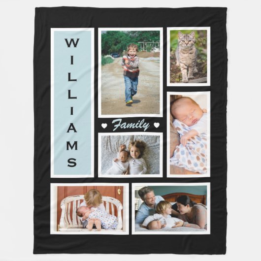 家族パーソナライズされた写真コラージュ白黒 フリースブランケット (正面)