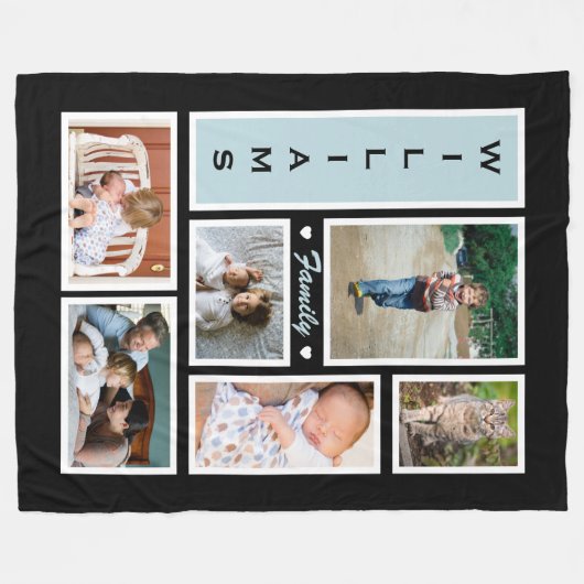 家族パーソナライズされた写真コラージュ白黒 フリースブランケット (正面(横))