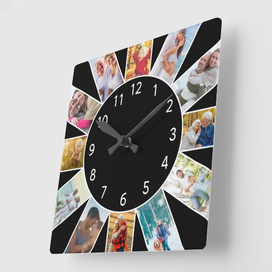 家族パーソナライズされた写真コラージュ黒 スクエア壁時計 (傾斜)