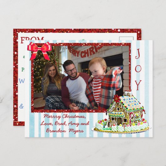 家族パーソナライズされた写真ジンジャーブレッドハウスカード シーズンポストカード (正面/裏面)