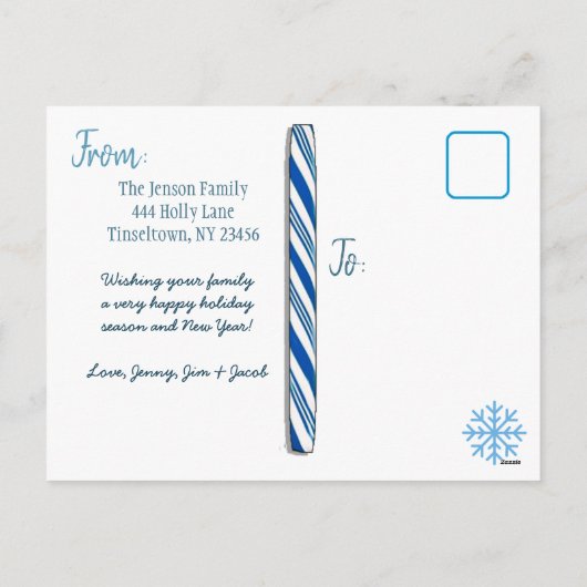 家族パーソナライズされた写真ブルースノーフレーククリスマス シーズンポストカード (裏面)