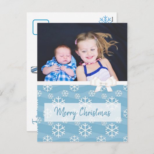 家族パーソナライズされた写真ブルースノーフレーククリスマス シーズンポストカード (正面/裏面)