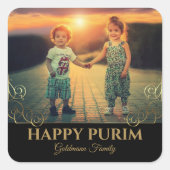家族パーソナライズされた写真金ゴールドへブルHappy Purim スクエアシール (正面)