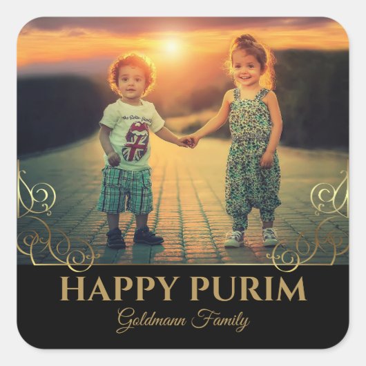 家族パーソナライズされた写真金ゴールドへブルHappy Purim スクエアシール (正面)