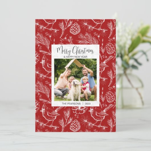 家族パーソナライズされた写真（鳥）ショウジョウコウカンチョウクリスマスカード シーズンカード (スタンド正面)