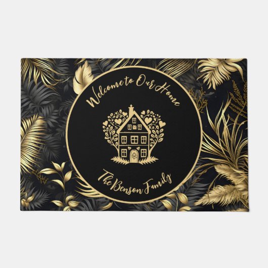家族パーソナライズされた名ようこそ私たちのホームブラック ドアマット (正面)