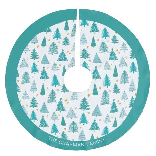 家族パーソナライズされた名グリーンティール（緑がかった色）クリスマスツリー ブラッシュドポリエステルツリースカート (正面)