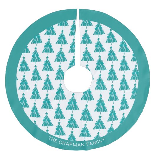 家族パーソナライズされた名グリーンティール(緑がかった色)クリスマスツリー ブラッシュドポリエステルツリースカート (正面)