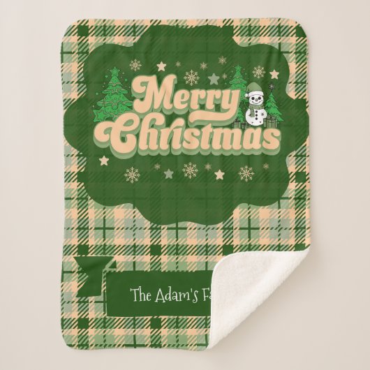 家族パーソナライズされた名レトロクリスマスプレイド シェルパブランケット (正面)