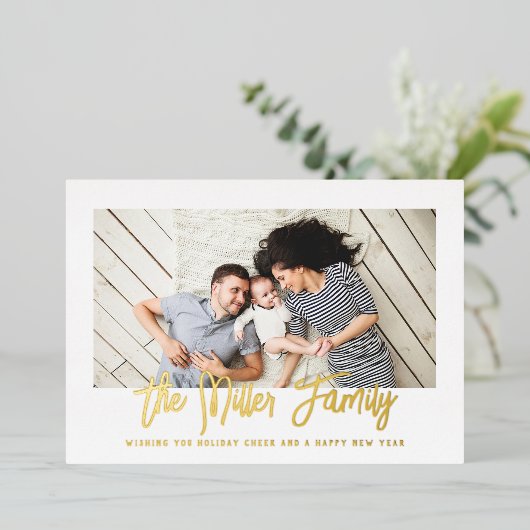 家族パーソナライズされた名写真 箔シーズンカード (立ち正面)