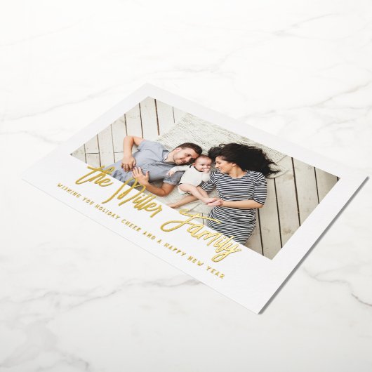 家族パーソナライズされた名写真 箔シーズンカード (回転した状態)