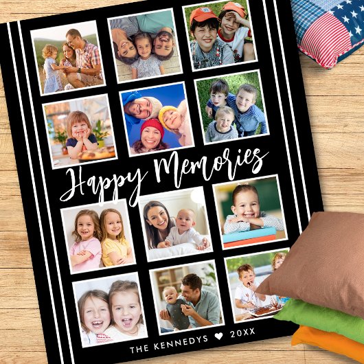 家族パーソナライズされた名12フォトコラージブラック フリースブランケット