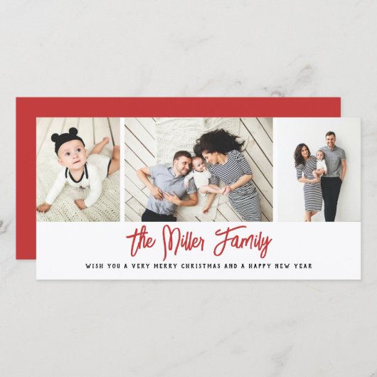 家族パーソナライズされた名3フォトコラージホリデイC シーズンカード (正面/裏面)