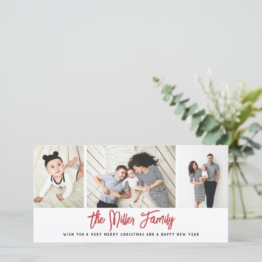家族パーソナライズされた名3フォトコラージホリデイC シーズンカード (スタンド正面)