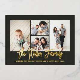 家族パーソナライズされた名4フォトコラージフォイルホリ 箔シーズンカード