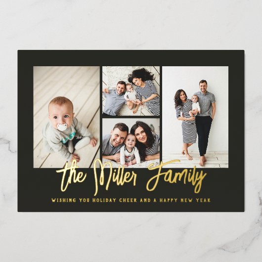 家族パーソナライズされた名4フォトコラージフォイルホリ 箔シーズンカード (正面)