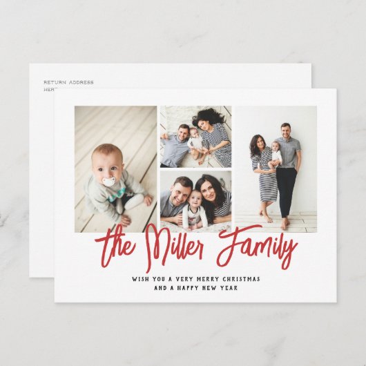 家族パーソナライズされた名4フォトコラージュ シーズンポストカード (正面/裏面)