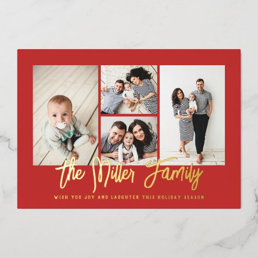 家族パーソナライズされた名4フォトコラージュ 箔シーズンカード (正面)