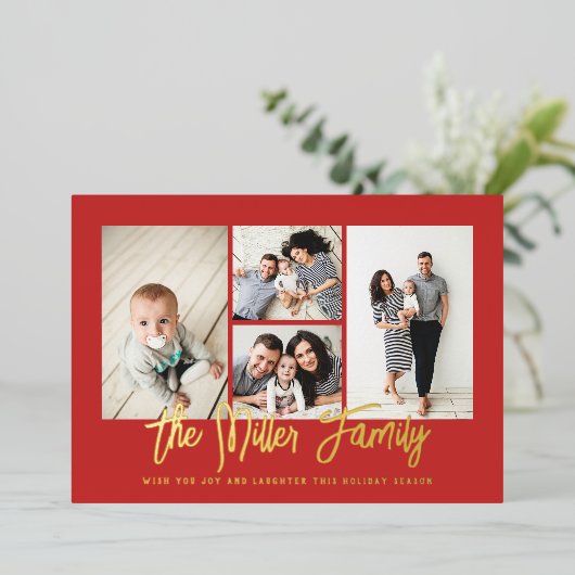 家族パーソナライズされた名4フォトコラージュ 箔シーズンカード (立ち正面)