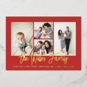 家族パーソナライズされた名4フォトコラージュ 箔シーズンカード (正面)