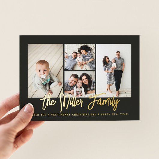 家族パーソナライズされた名4フォトコラージュ 箔シーズンカード