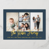 家族パーソナライズされた名4フォトコラージュ 箔シーズンカード (正面)