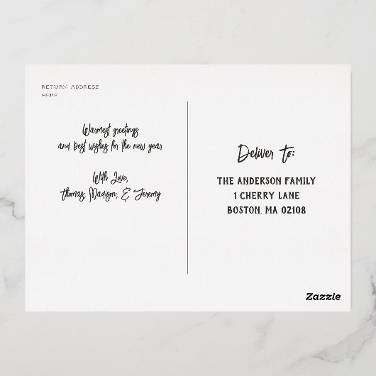 家族パーソナライズされた名4フォトコラージュ 箔シーズンポストカード (裏面)