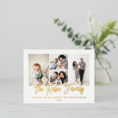 家族パーソナライズされた名4フォトコラージュ 箔シーズンポストカード (立ち正面)